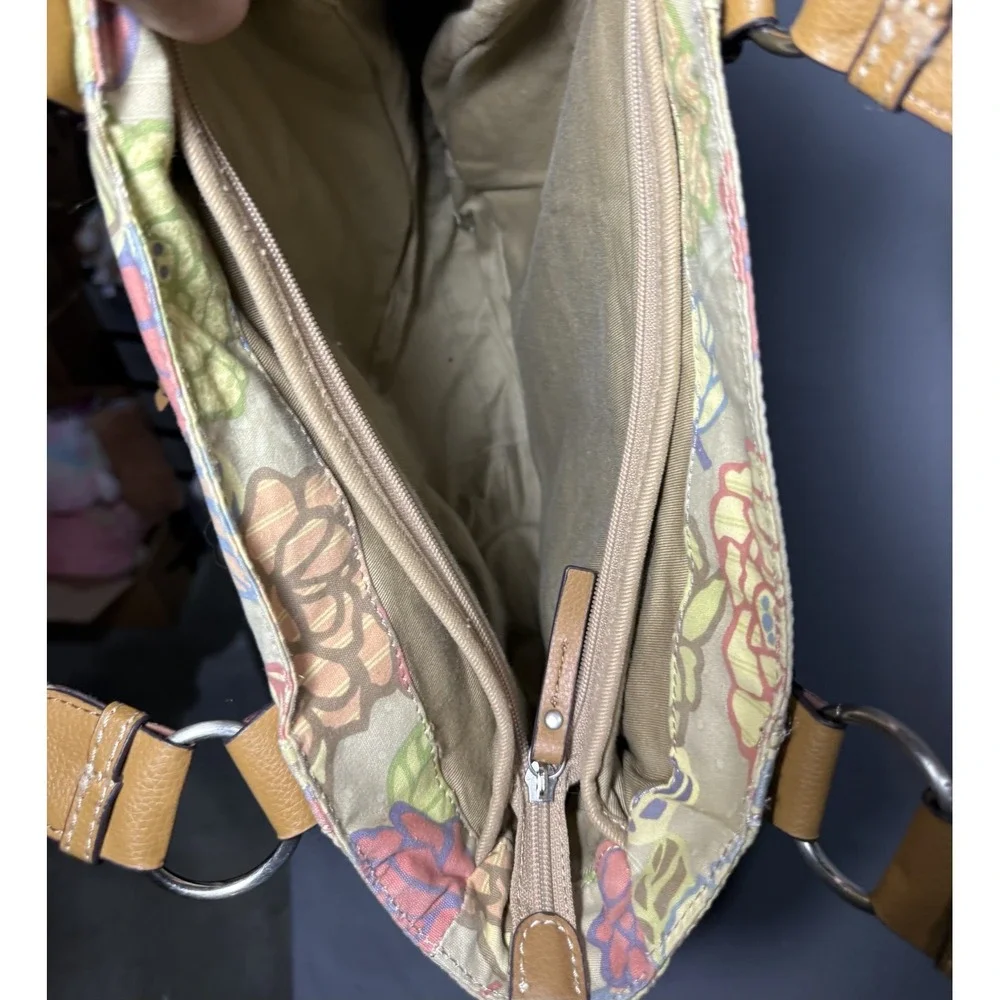 Fossil Key-Per Floral Hobo Tote Bag Canvas & Leather Trim Shoulder Purse